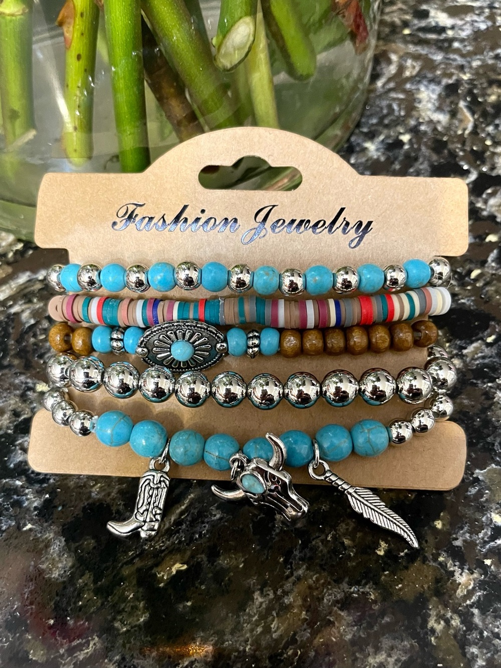 Fashion Jewelry Turquoise & Silver Boho Stackable Bracelet Set